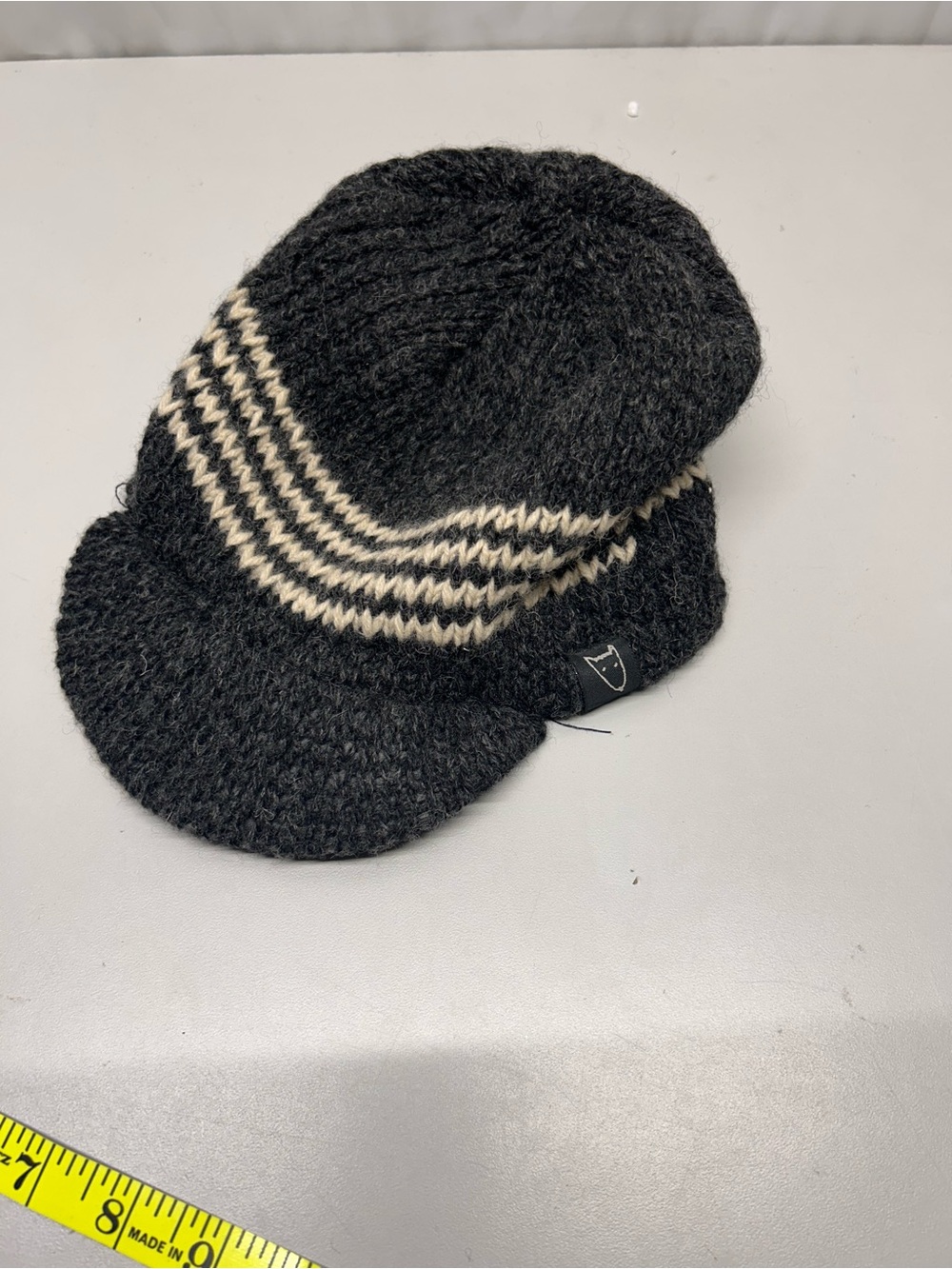Striped Knit Visor Beanie in Black and Cream